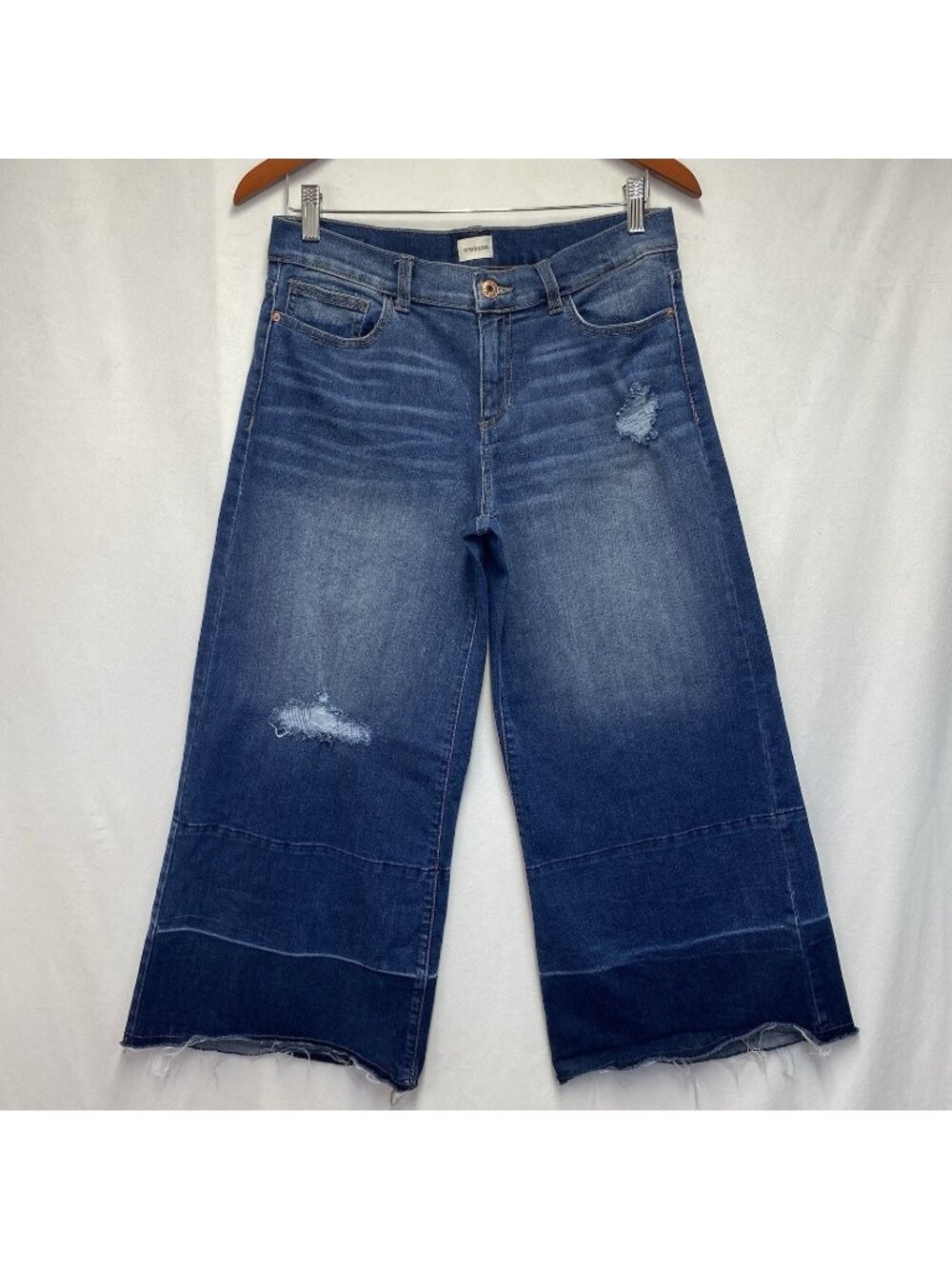 Sneak Peek Distressed Wide Leg Cropped Jeans Women Medium Blue Two Tone Hem